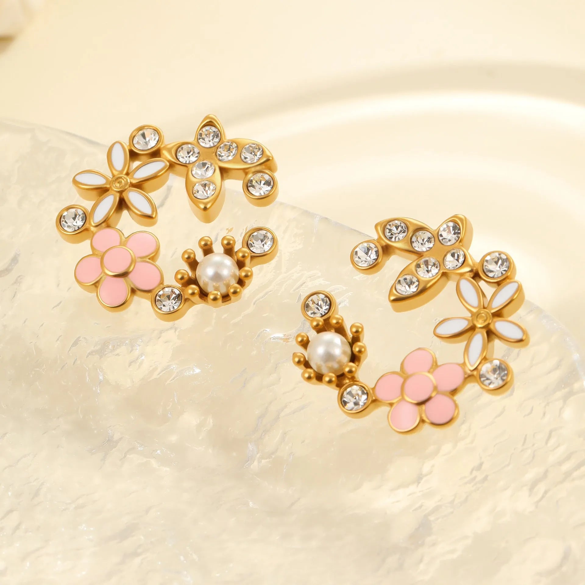 Colourful flower stud earrings with petal design made from 18K stainless steel