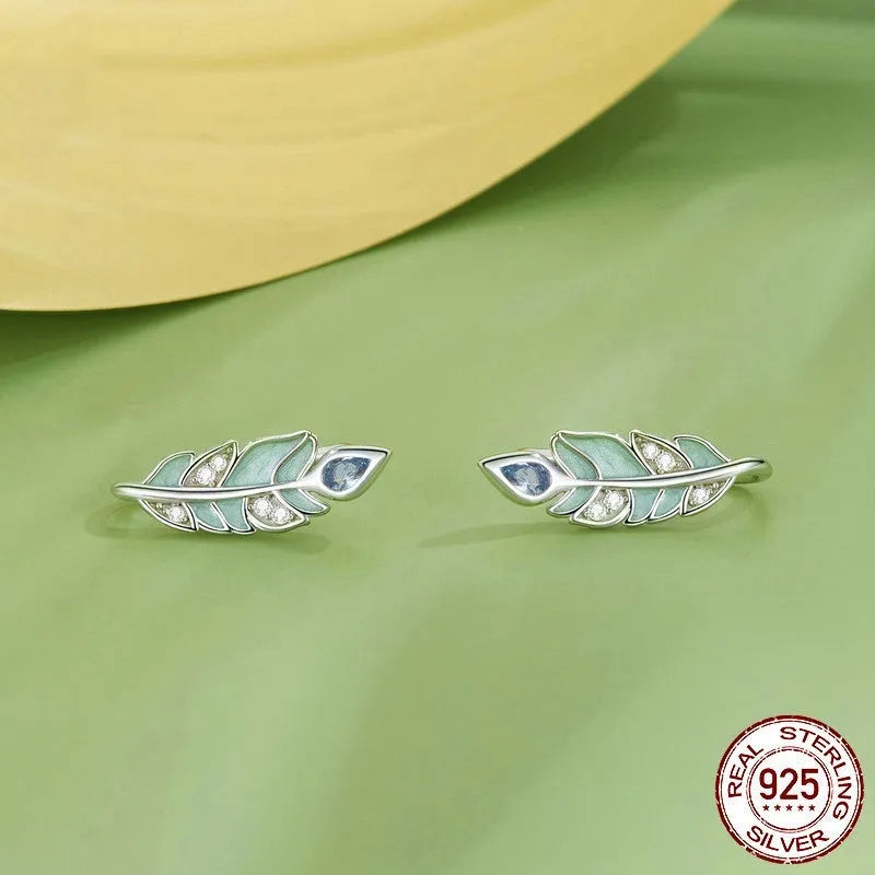 Mori Style feather stud earrings in S925 sterling silver with white gold plating, 12mm by 6mm, natural style for women