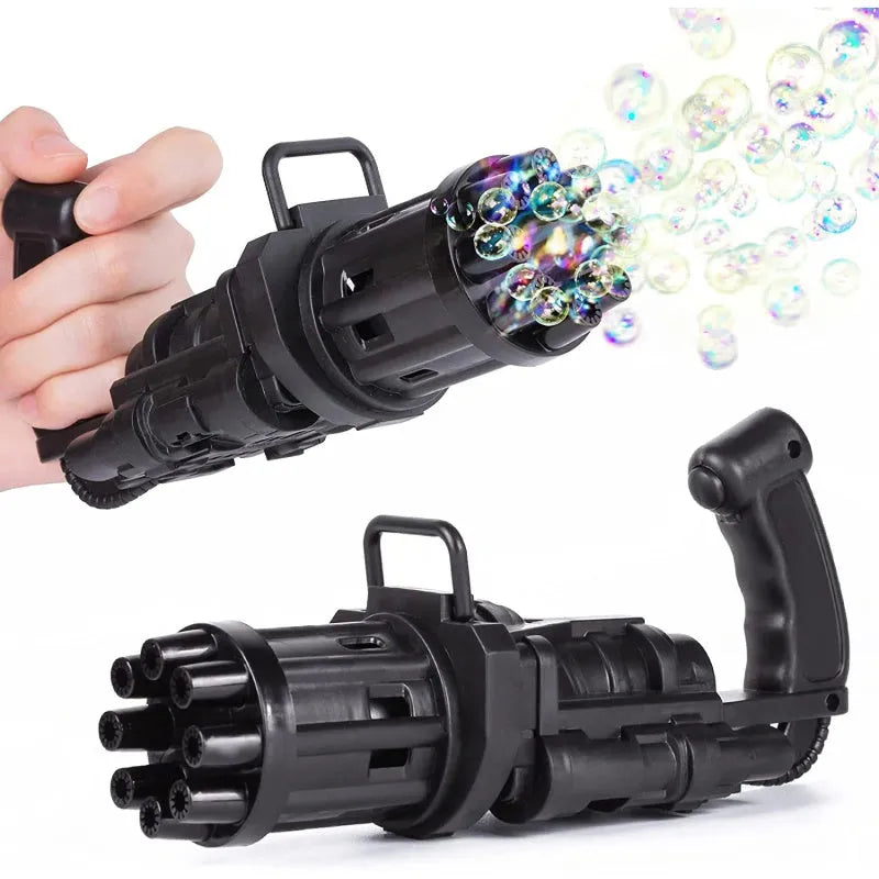 Realistic pink bubble machine gun toy for kids on a green lawn.