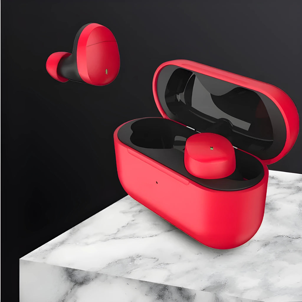 Flame red Qualcomm TWS 3040 true wireless Bluetooth 5.2 earphones with charging case.