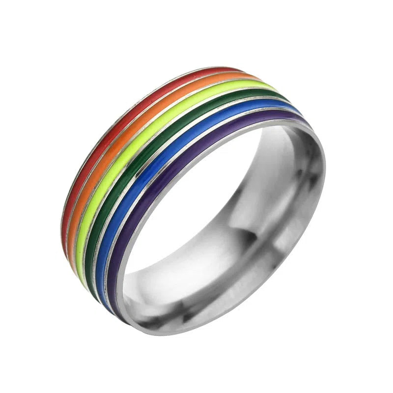 Bisexual pride stainless steel ring, geometric unisex alternative style, available in sizes 6 to 13