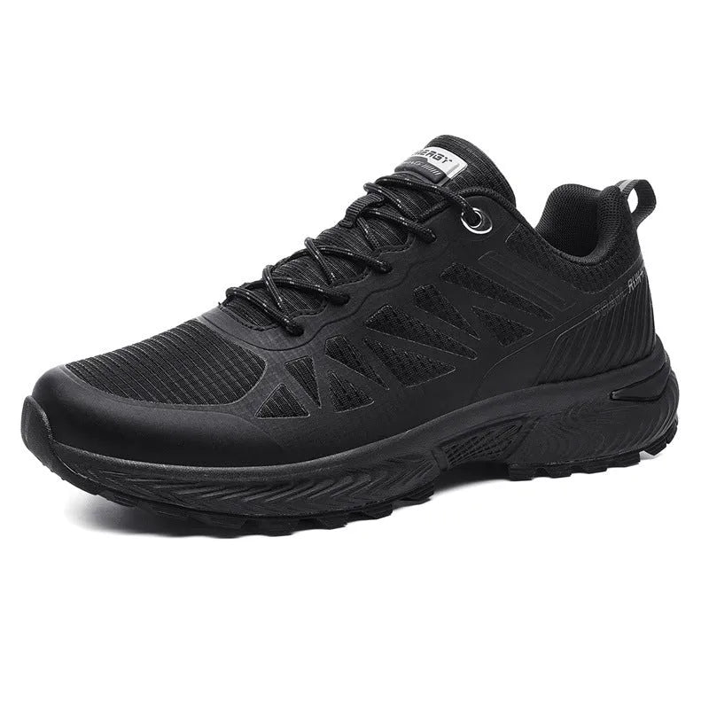 Men's black breathable mesh outdoor running shoe with lace-up front and rubber sole.