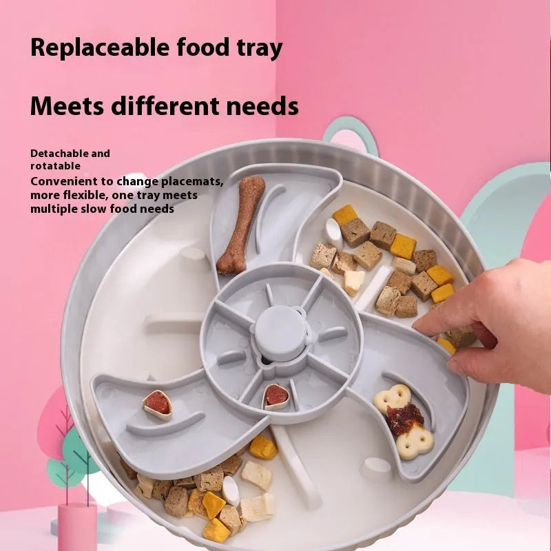 Pet feeding bowl with rotating game board and anti-choke silicone pad in multiple colour options