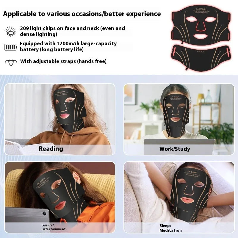 Black gold IPL LED facial mask device with headband and touch screen on a white background.