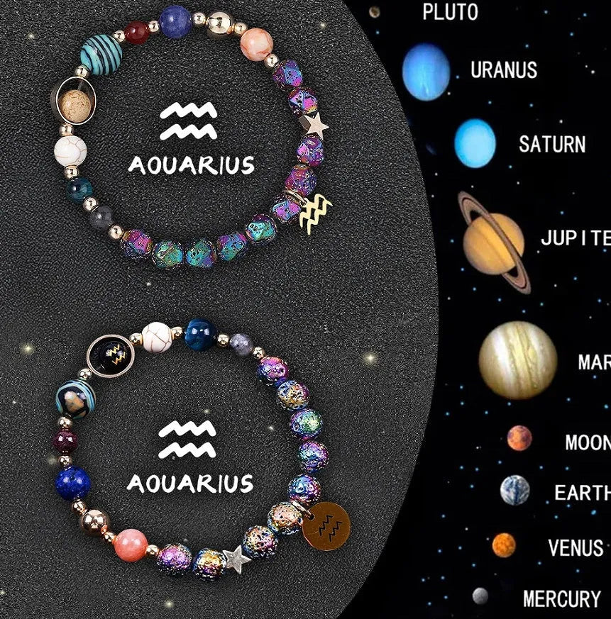 Pair of natural stone beaded bracelets with zodiac charms on an adjustable cord.