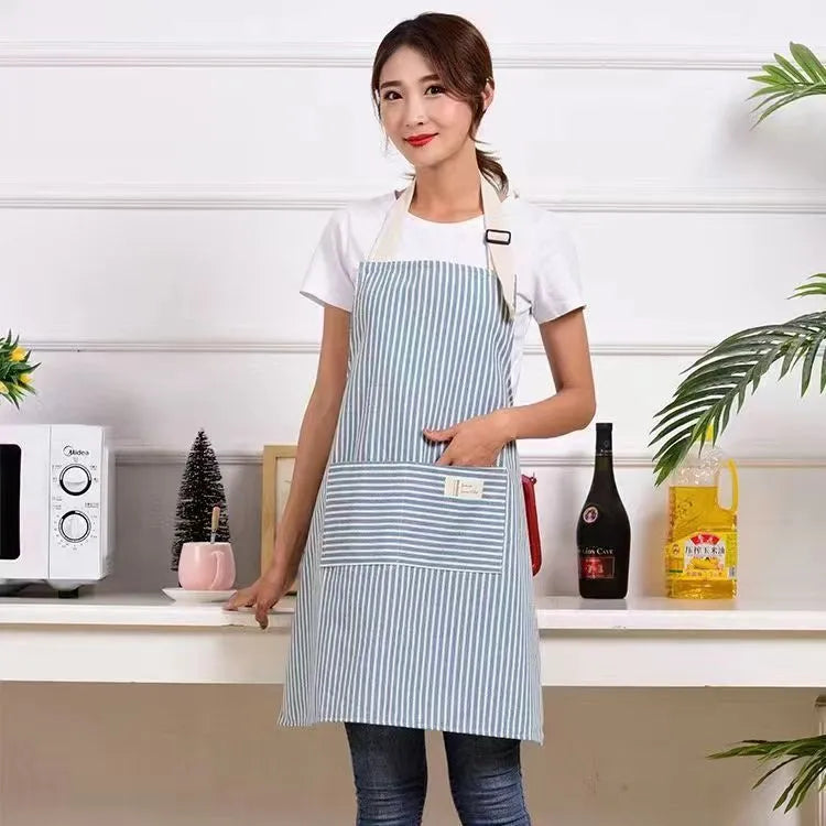 Linen stripe apron in blue, breathable kitchen apron for household chores, one size