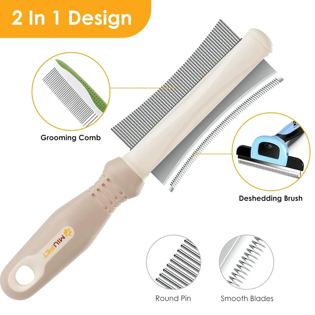 White 2-in-1 dog and cat deshedding brush and grooming comb with curved comb side and ergonomic handle.