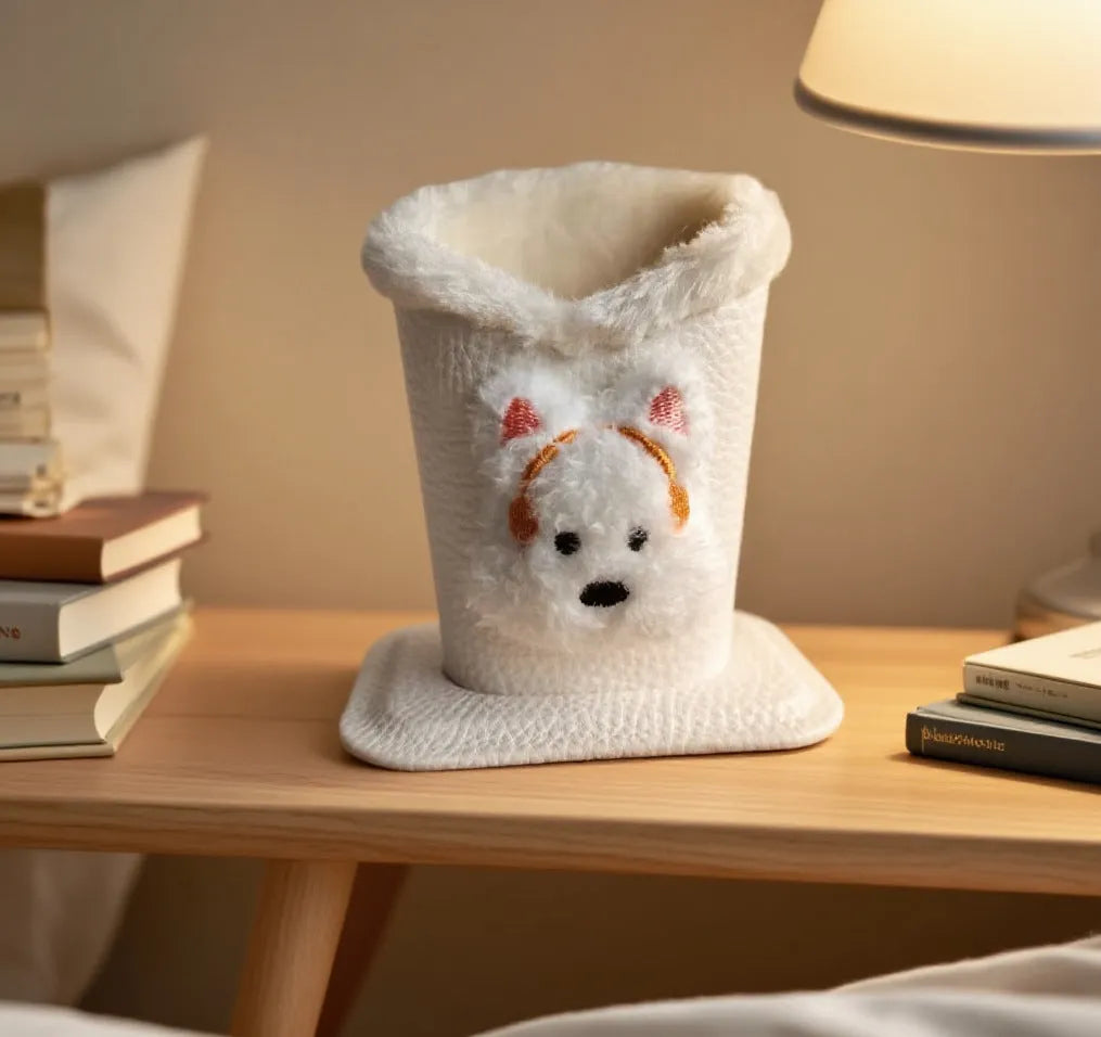 Nordic style fluffy cartoon desktop glasses storage bucket in leather with animal design, 11.6x8.1x12cm