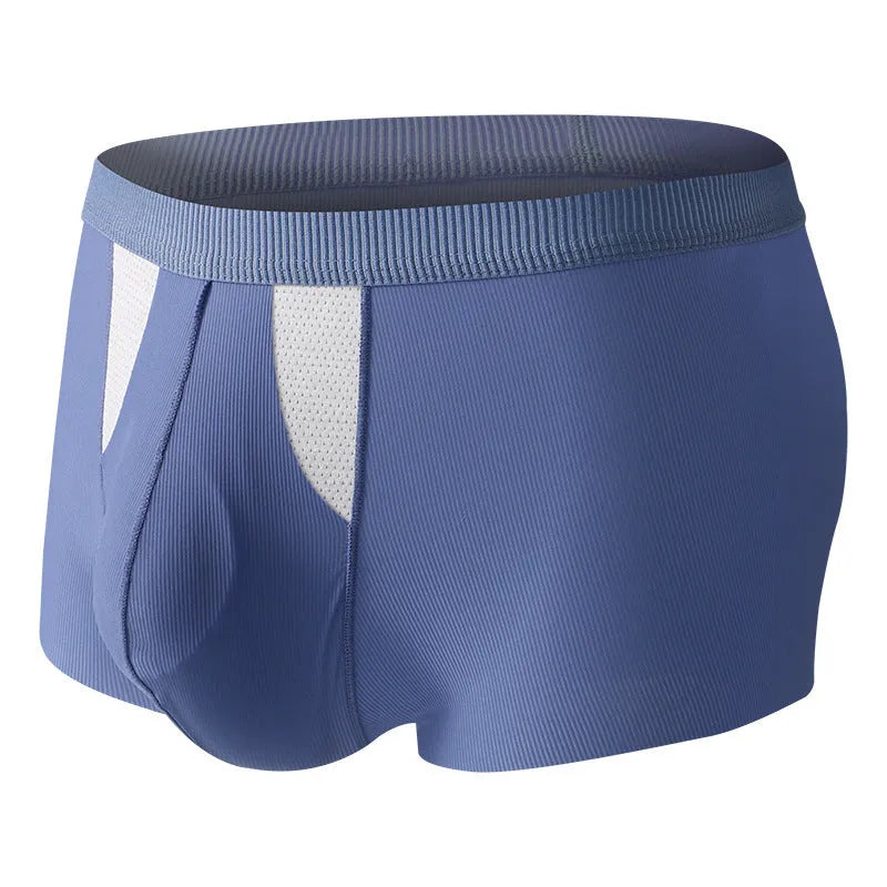 Men's black and grey ice silk double-layer underwear shorts showing the hole bag design for moisture separation.