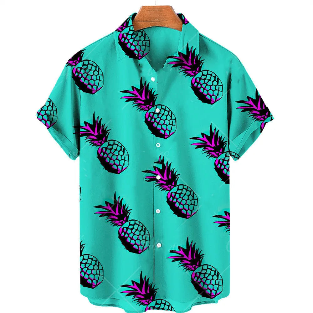 Men's casual fruit print Hawaiian shirt in apricot with short sleeves and lapel collar