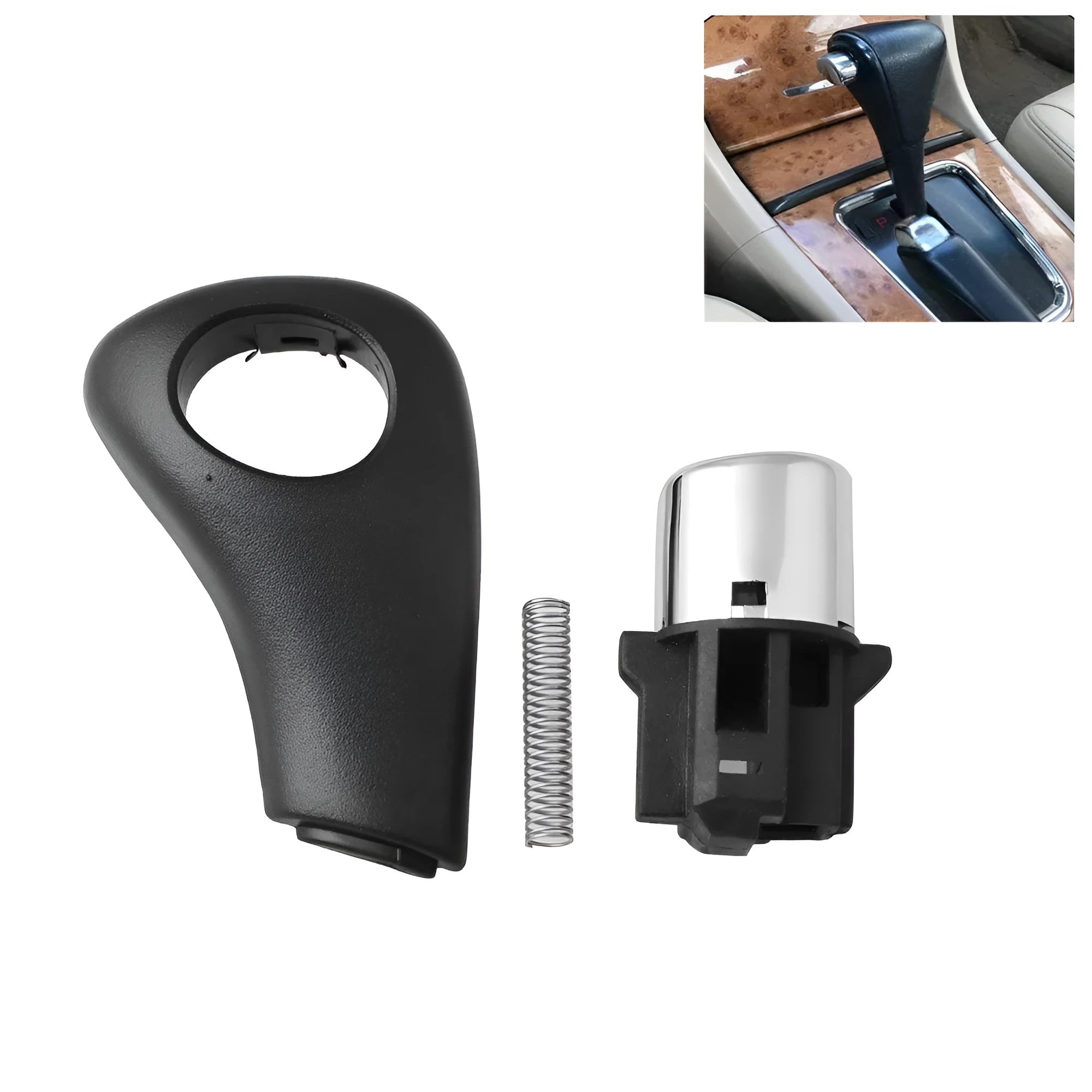 Black ABS plastic gear shift button kit with spring for Honda Accord 2003-2005.
