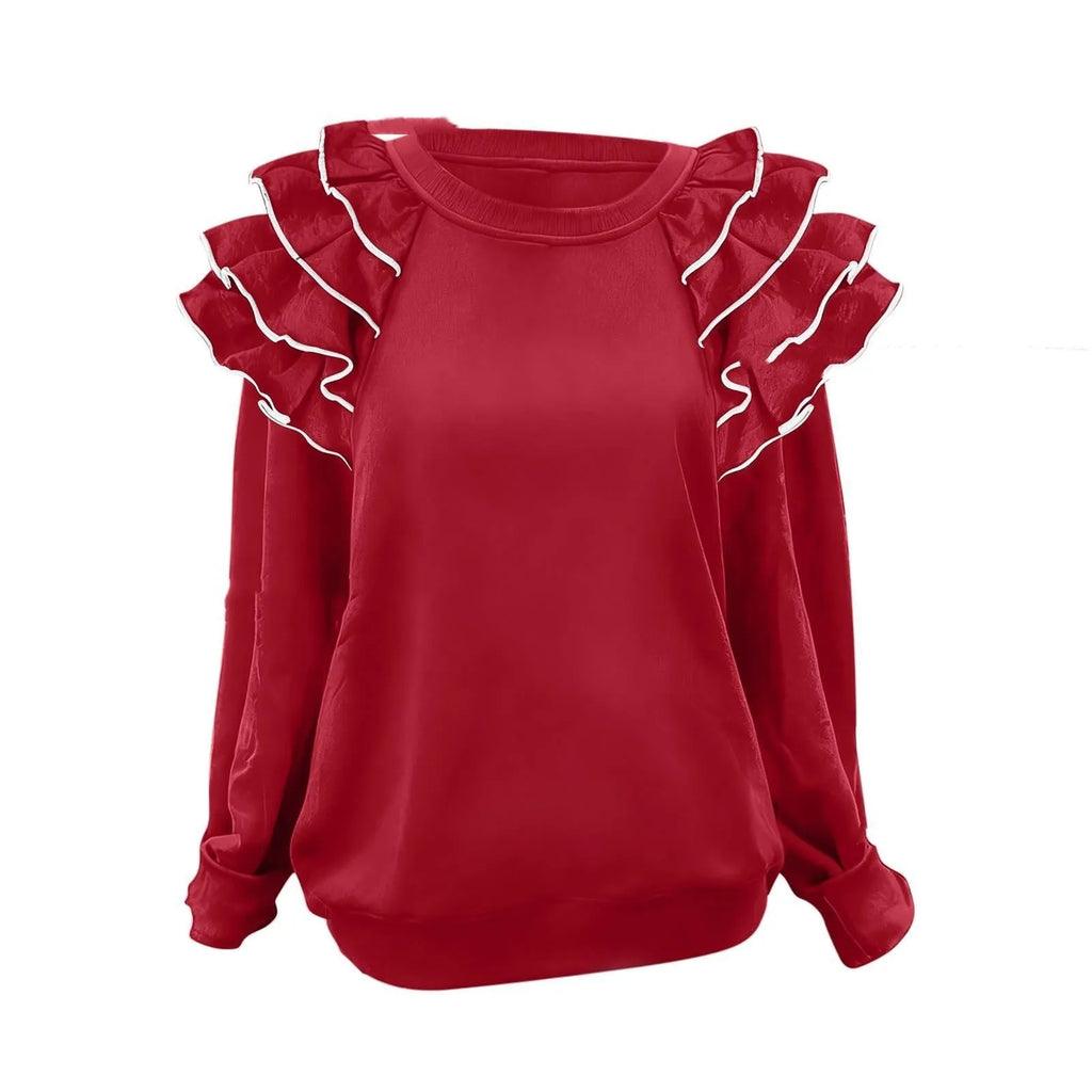 Women's polyester ruffle top in military green pullover style with regular sleeves