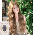 Linen brown medium length curly synthetic wig with hair net on display