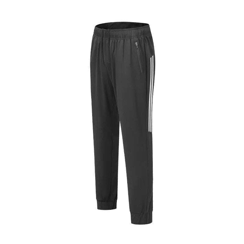 Men's black polyester running trousers with mid-waist design for exercise and gym workouts