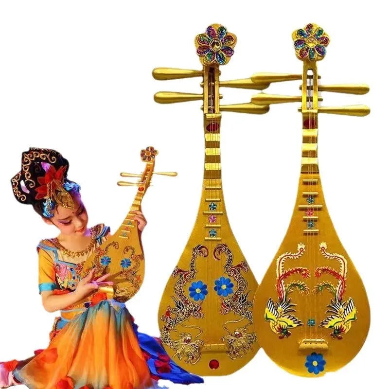 Golden Double Phoenix plastic simulation pipa prop 64.5cm long with handmade stickers and sound capability