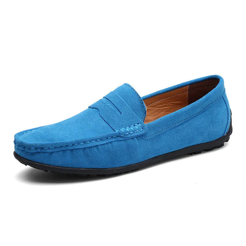 Men's suede Gommino loafers in plus sizes on a flat rubber sole, shown in a colour option.