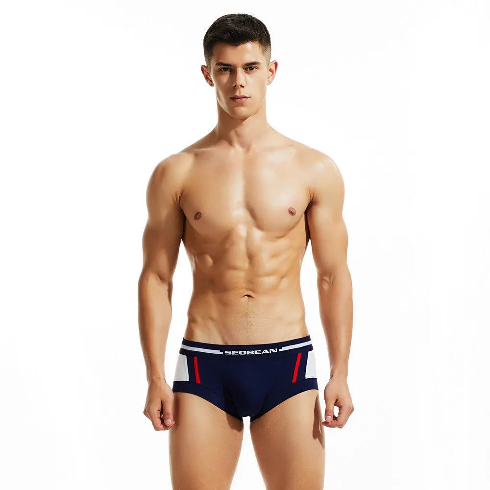 Men's cotton boxers in red, dark blue and light grey colours showing low waist design