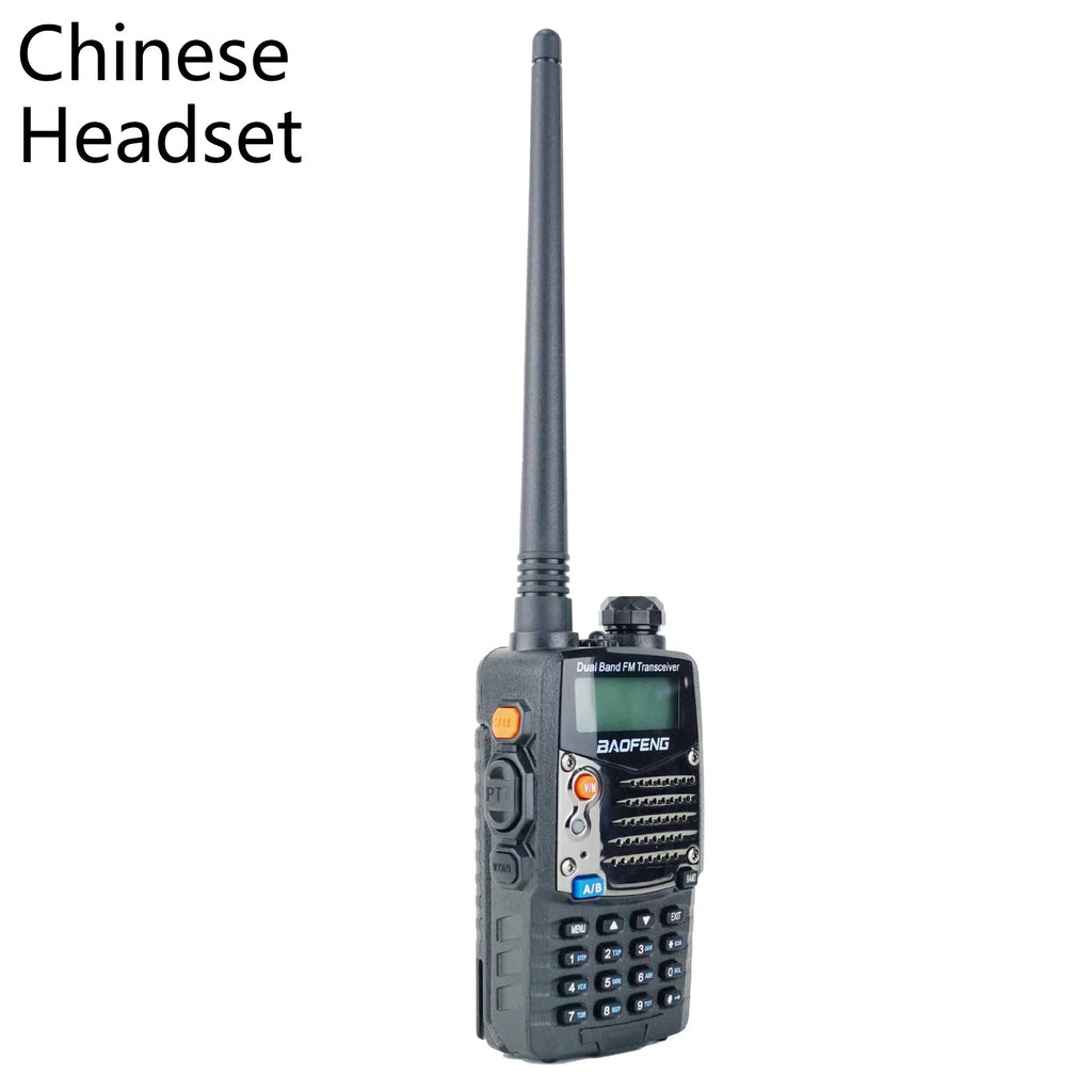Baofeng UV-5RA dual-band handheld radio with dual display, high-power specification, and multiple headset configuration options