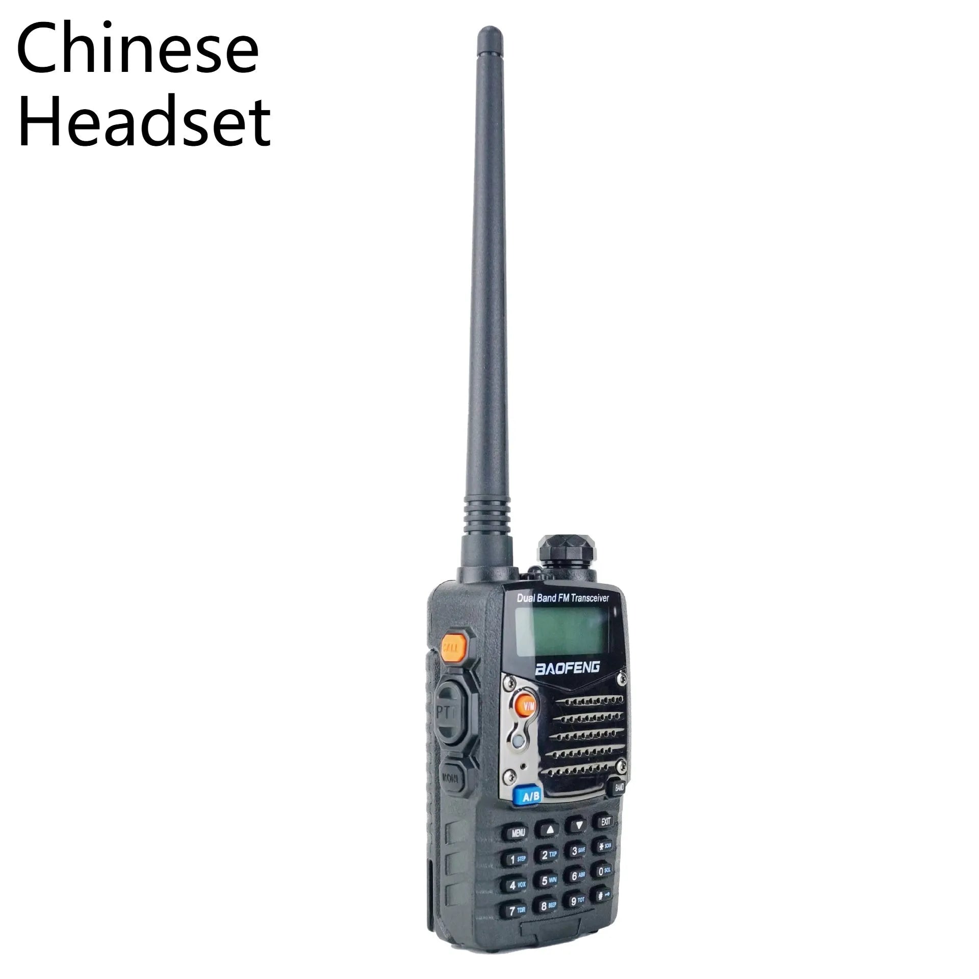 Baofeng UV-5RA dual-band handheld radio with dual display, high-power specification, and multiple headset configuration options