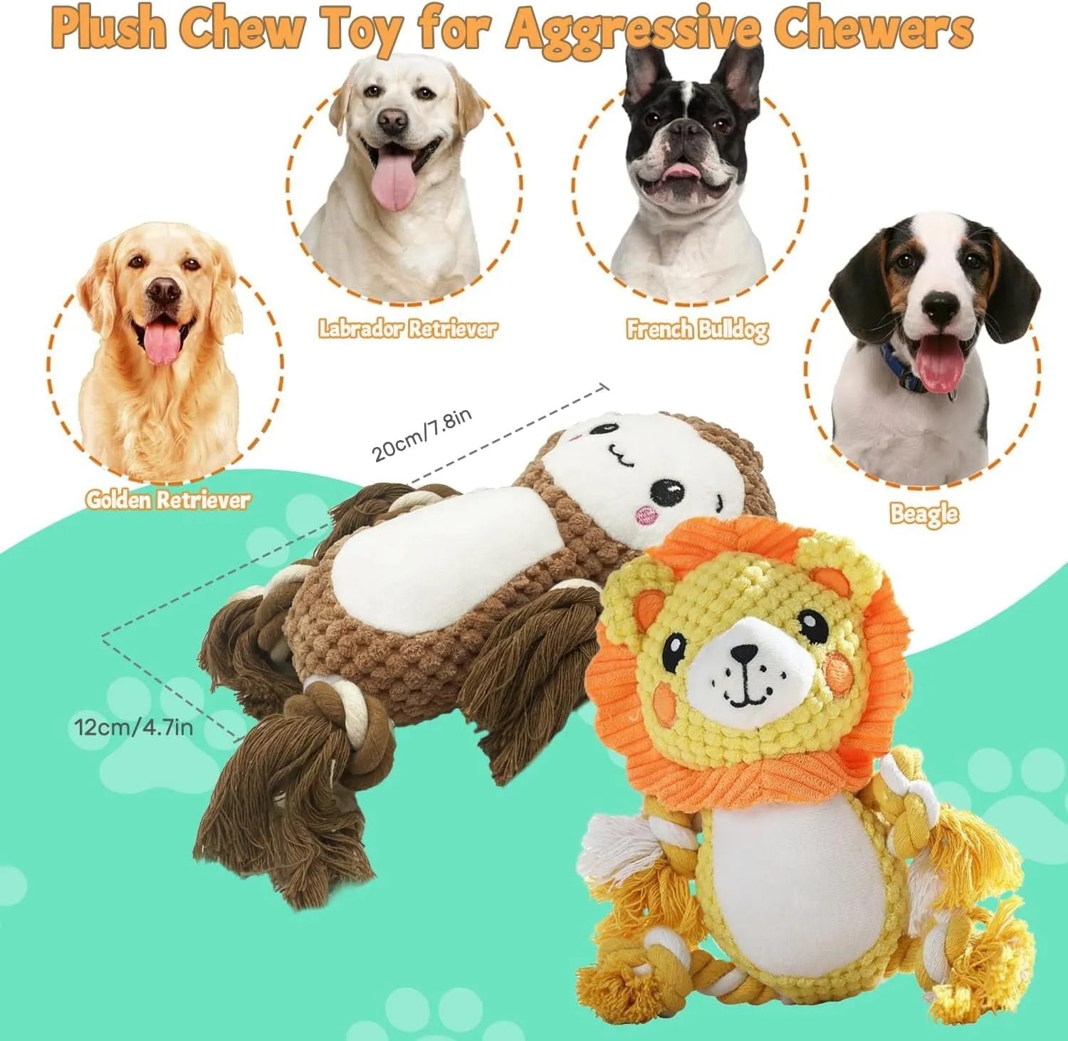 Lion and monkey shaped plush squeaky dog toys for medium and large breeds