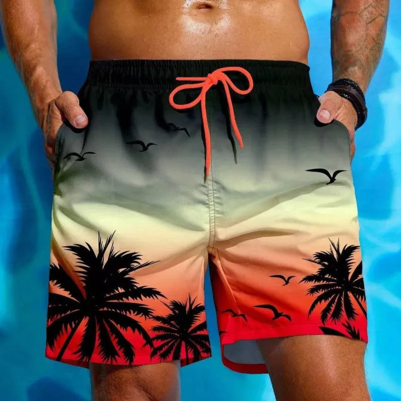 Man's ethnic style loose fit swimming trunks in a solid colour on a neutral background.