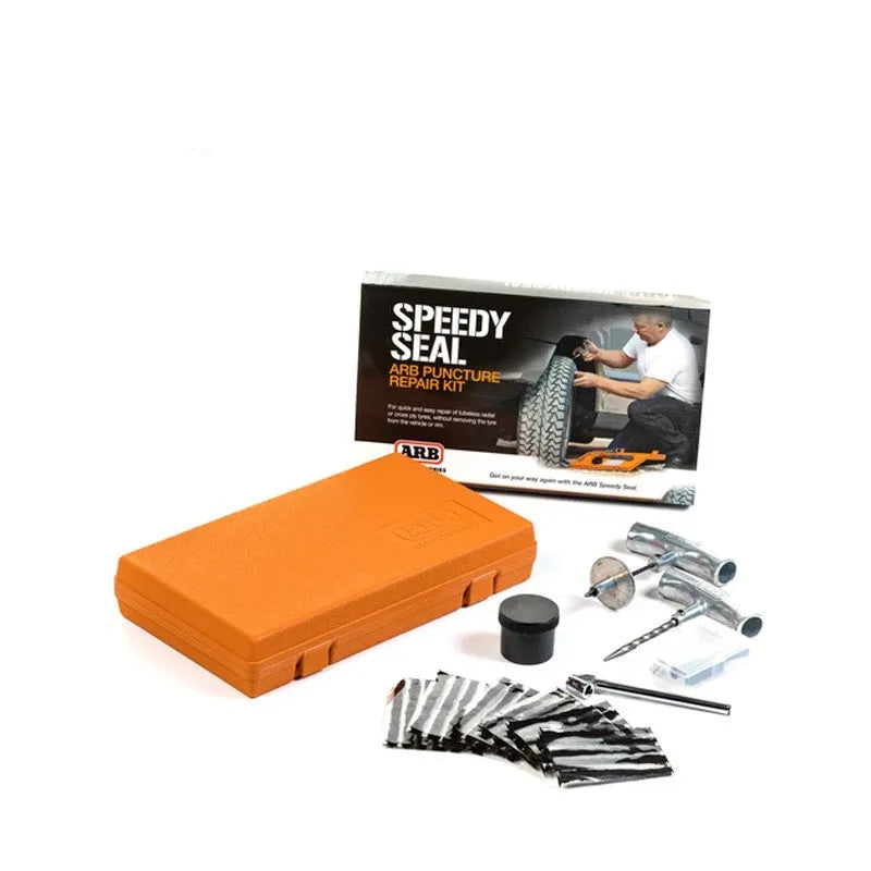 Speedy Seal emergency tyre repair tool set with pressure gauge in compact suitcase