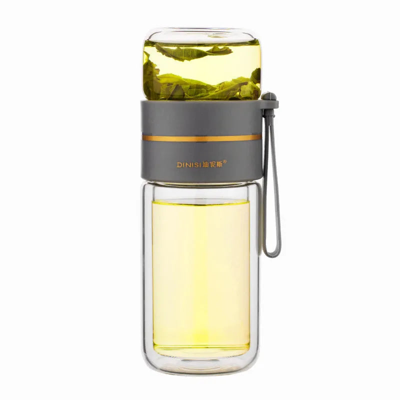 Double wall glass water bottle with tea infuser filter, leakproof, high borosilicate, stainless steel strainer, portable rope, 400ml