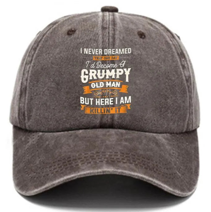 Washed print denim baseball cap with dome crown in retro style, available in multiple colours