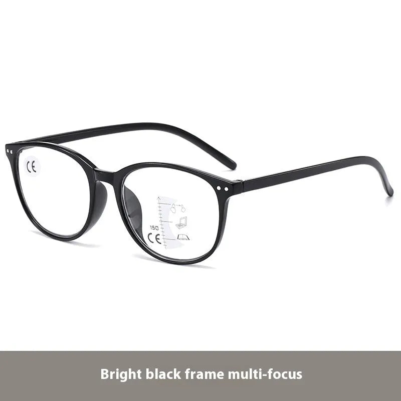 Woman wearing ultra-light multi-focus reading glasses in a Champagne Box frame colour, suitable for presbyopic vision correction.