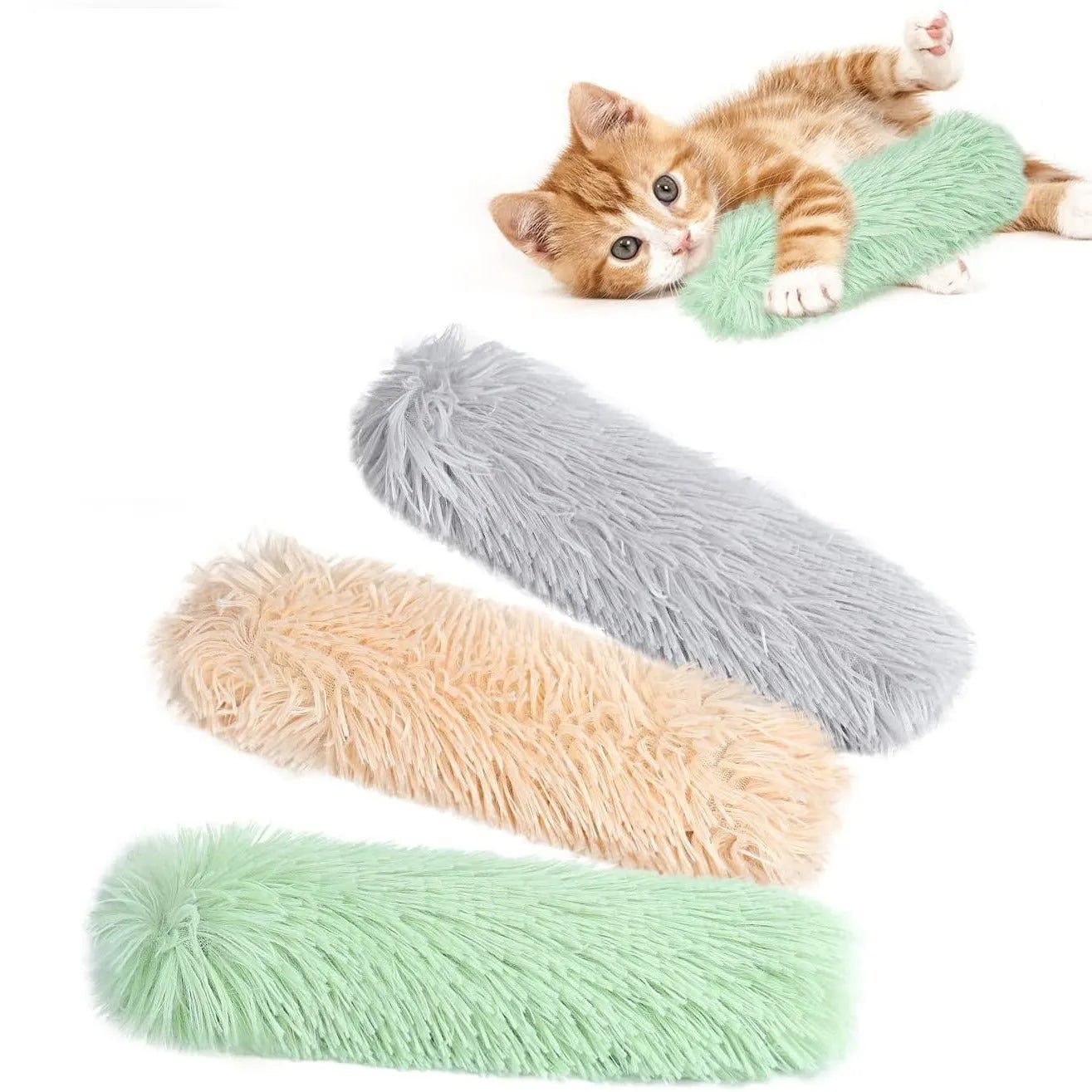 Green, white, blue, and pink plush cat toy pillow measuring 27 by 10 centimetres.