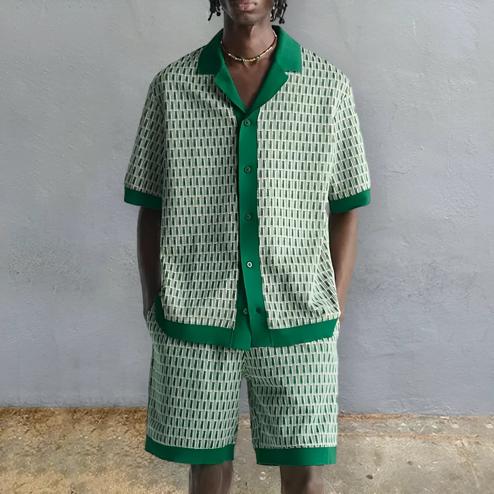 Men's printed short-sleeved shirt and matching shorts two-piece set in colour MHX01344, laid flat.