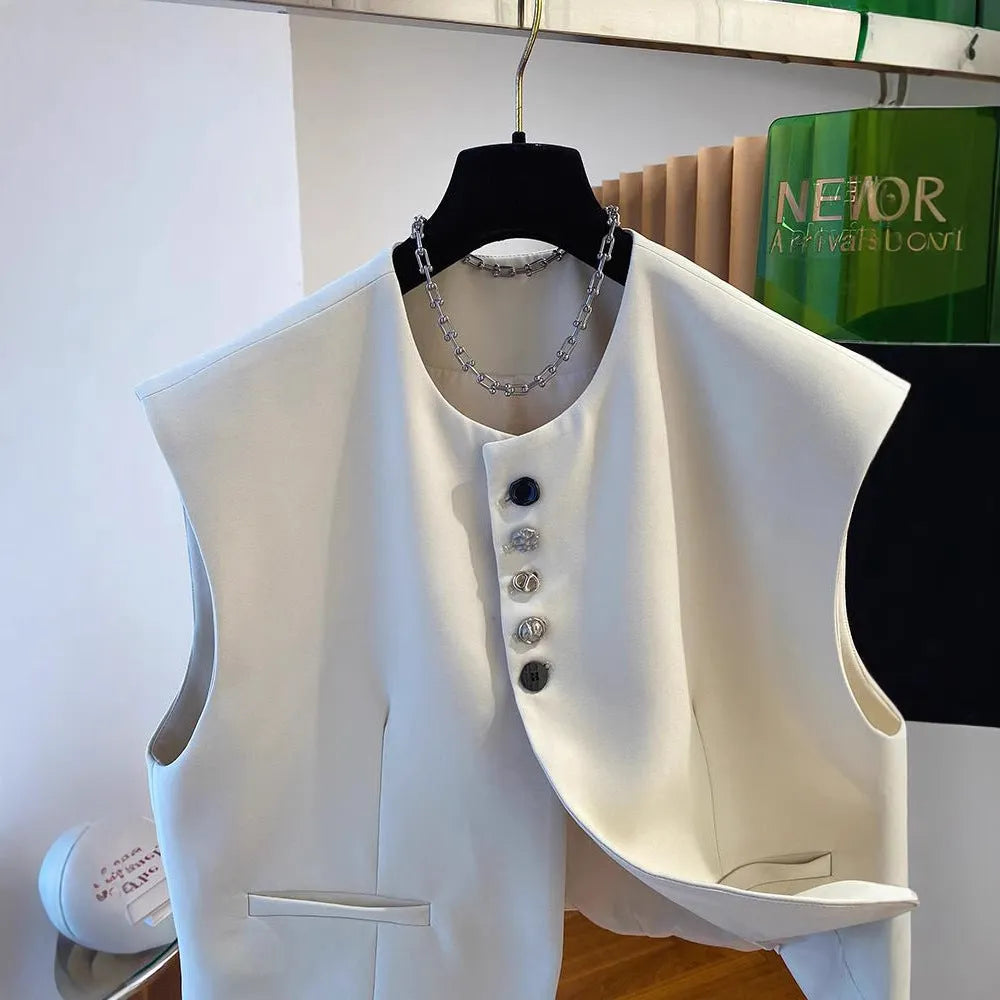 Beige loose-fitting polyester waistcoat with pockets on a hanger