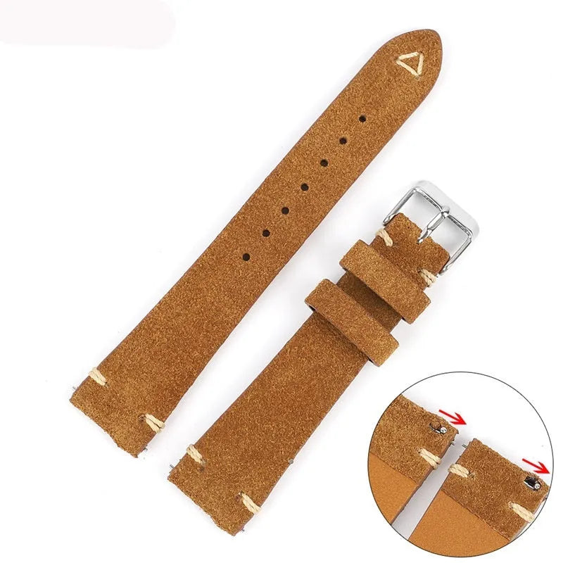 Genuine suede leather watch strap in Army Green, Blue, Brown, or Grey colour, showing 20mm and 22mm width options.