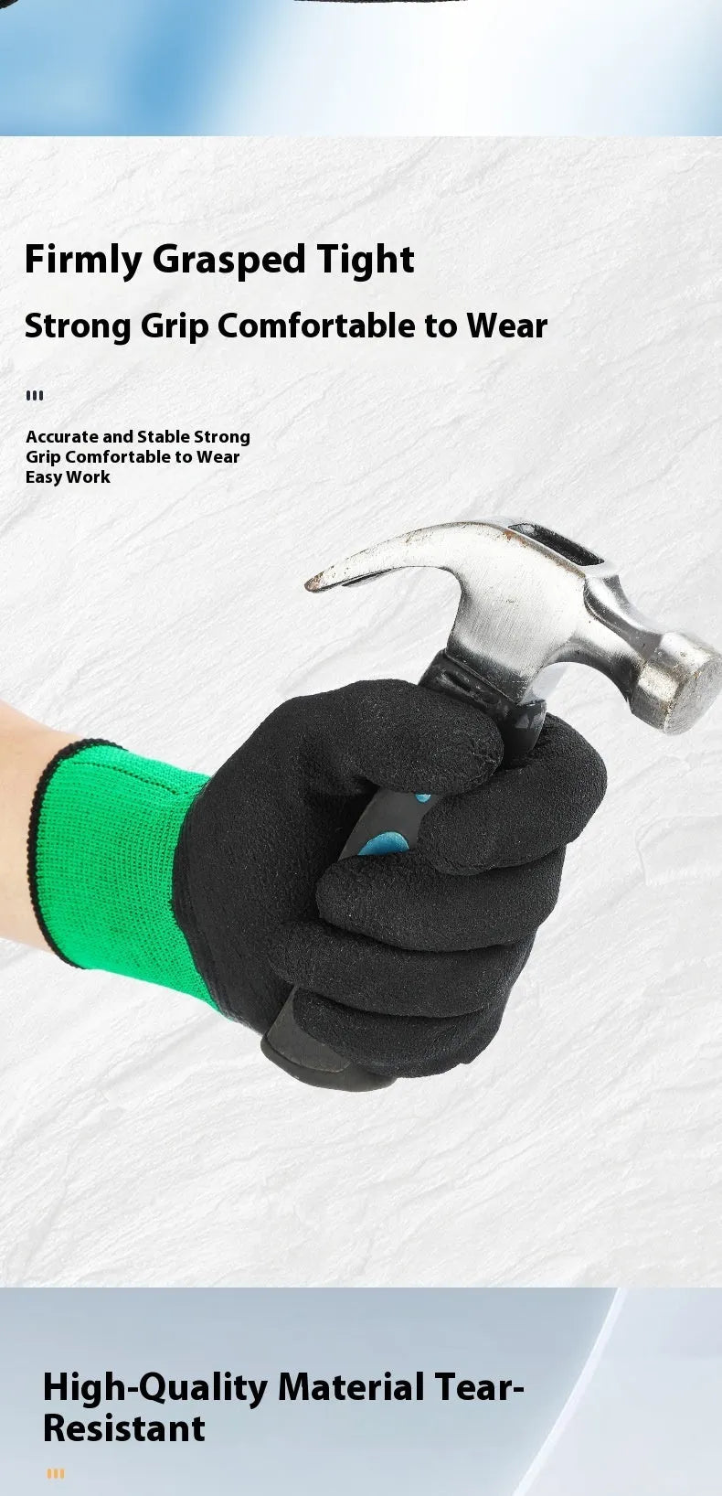 Black and green rubber work gloves with textured palm for non-slip grip, shown from multiple angles.