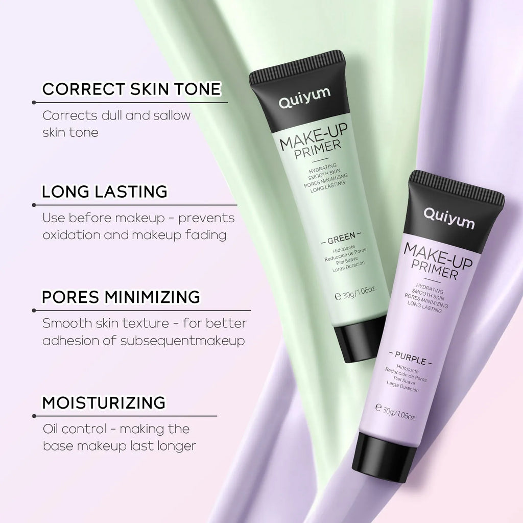 Colour-correcting moisturising makeup primer in 30g container with green, pink, and purple shade options