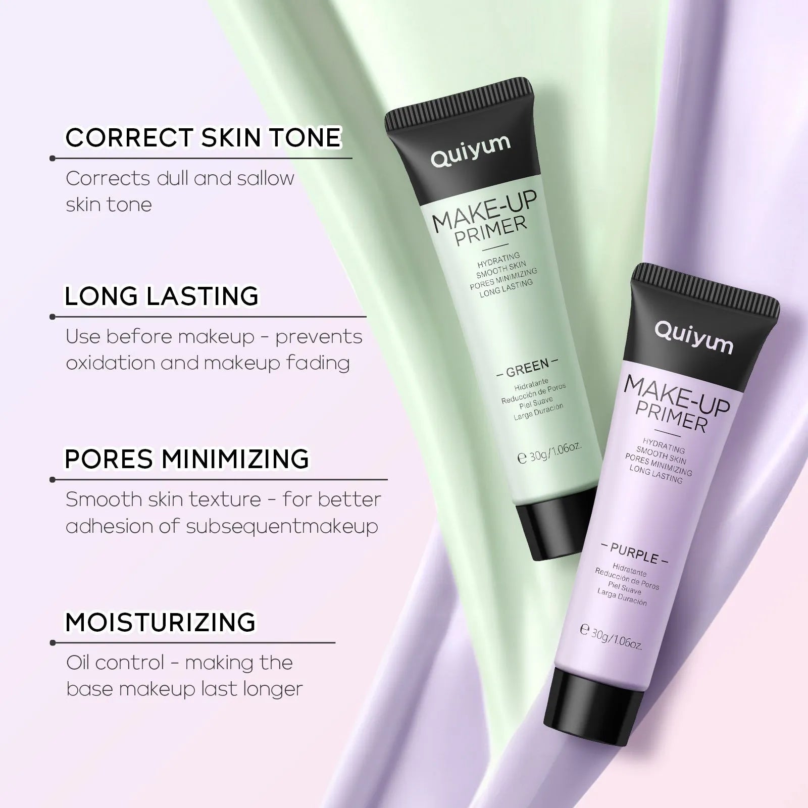 Colour-correcting moisturising makeup primer in 30g container with green, pink, and purple shade options