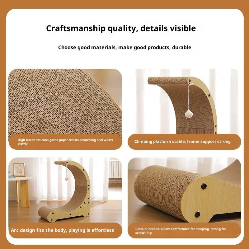Multi-functional corrugated paper cat scratching board nest climbing frame in arc shape with replacement core, pastoral style, independently packaged.