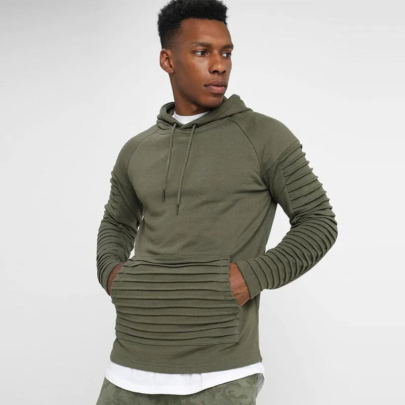Mens long sleeve pleated stripes hoodie with lapel collar, black, worn casually