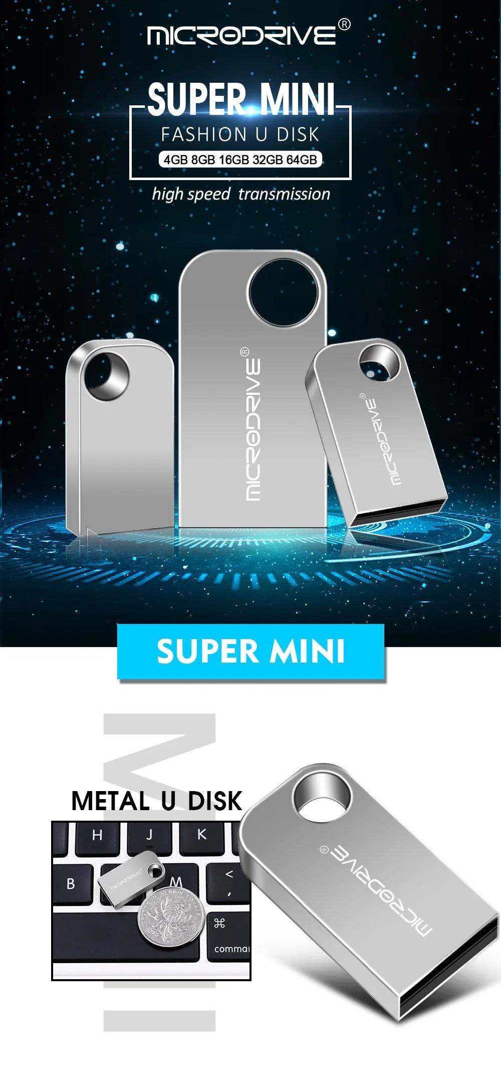 Silver gray metal USB flash drive with rotating connector, 64GB capacity, vehicle-mounted design.