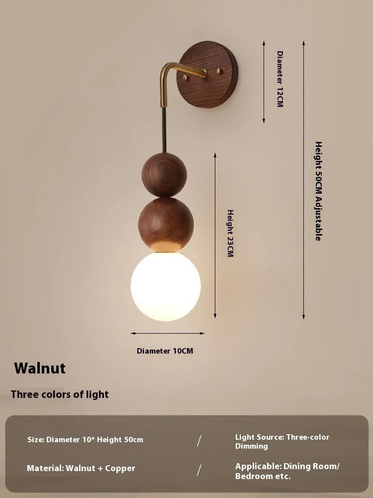 Wood copper wall lamp with tricolour lighting for living room or bedroom walls