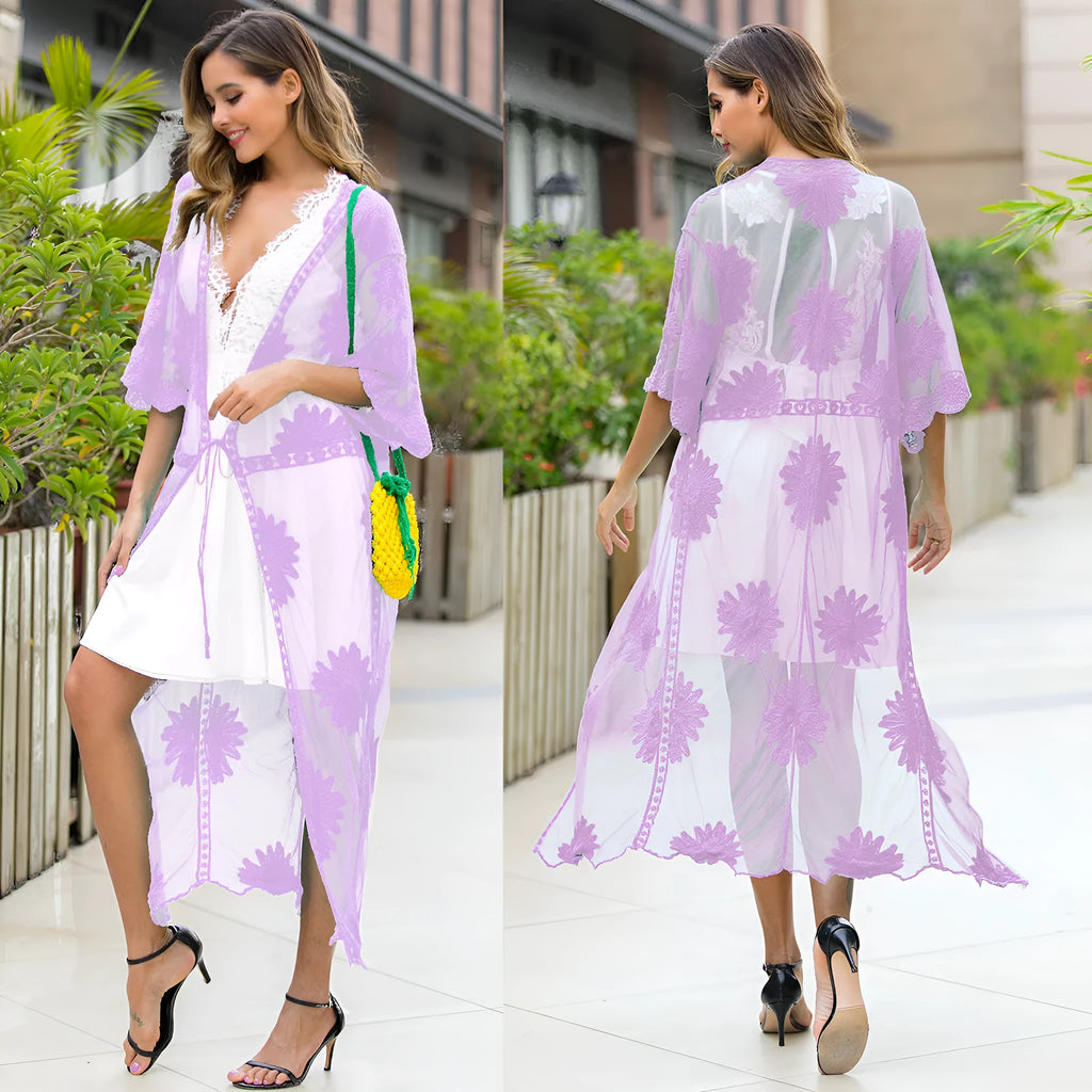 Light purple cotton women's beach dress with lace embroidery detail.