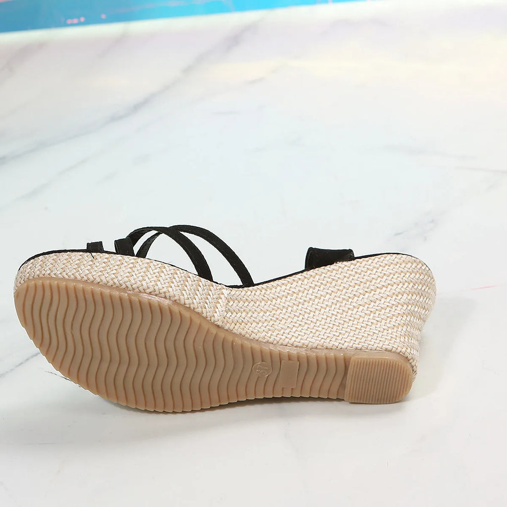 Women's black wedge sandals with fabric uppers and fish mouth toe design