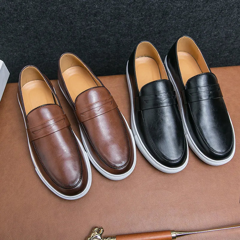 Plus size men's business casual board shoes in brown with flat heel, round toe, and rubber sole