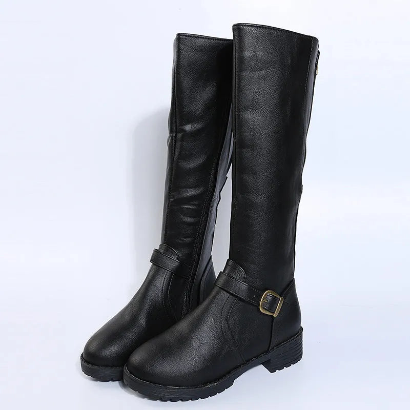 Women's yellow knight high boots with buckle details on shaft and a square heel.