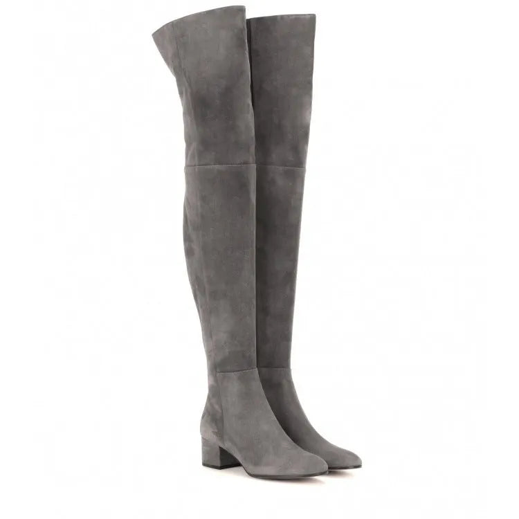 Grey suede women's flat over-the-knee boots with pointed toe and low thick heel.