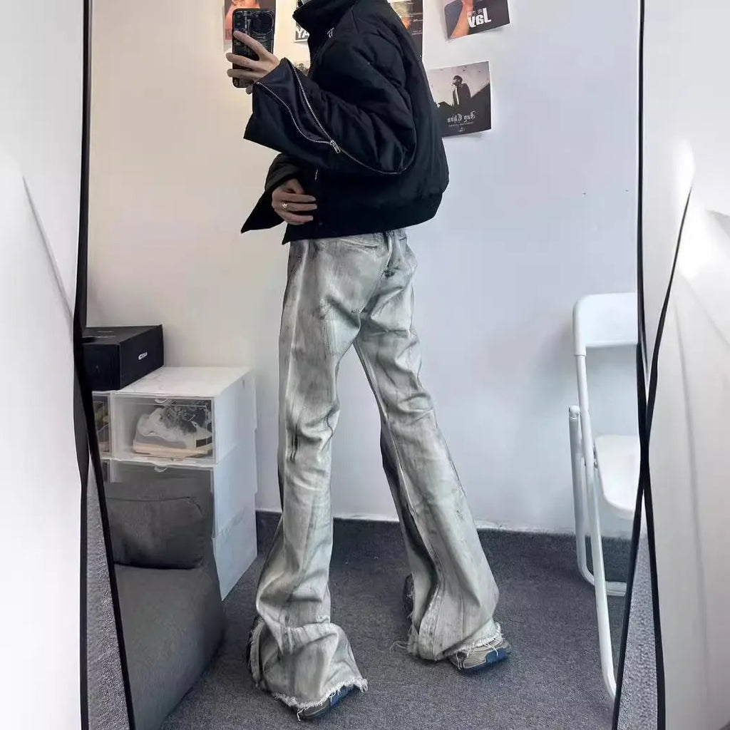 Men's white American street retro selvedge jeans with black ribbon gradient detailing and zip fly