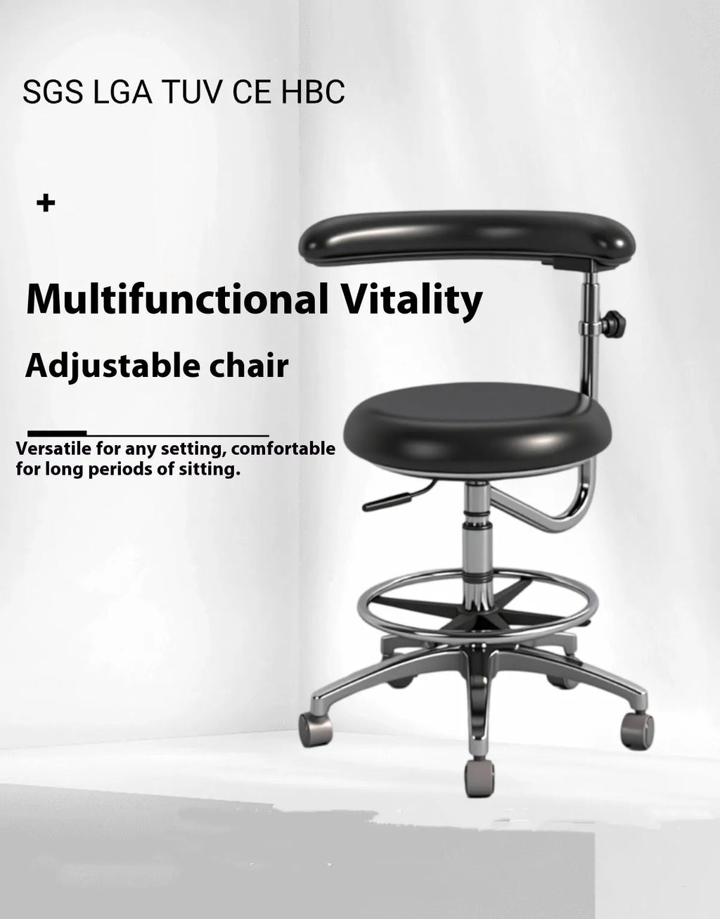 Black leather dental treatment chair with hydraulic lift mechanism for dental surgeries
