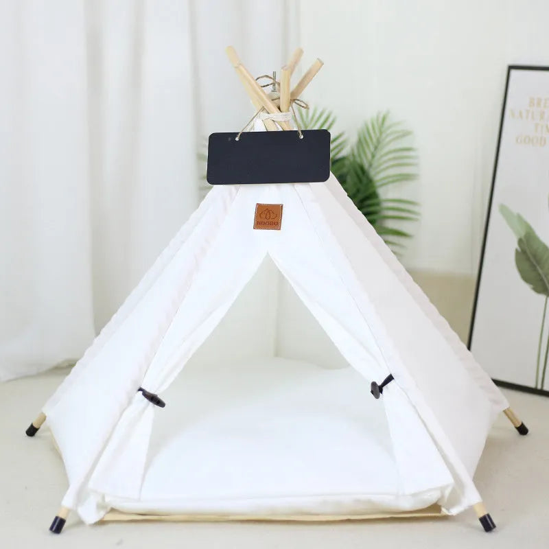 White striped linen teepee tent bed for small dog with cushion inside