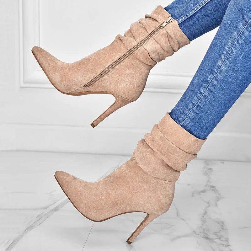 Women's pointed toe stiletto heel ankle boots with side zipper, suede upper, in black colour, car suture detailing