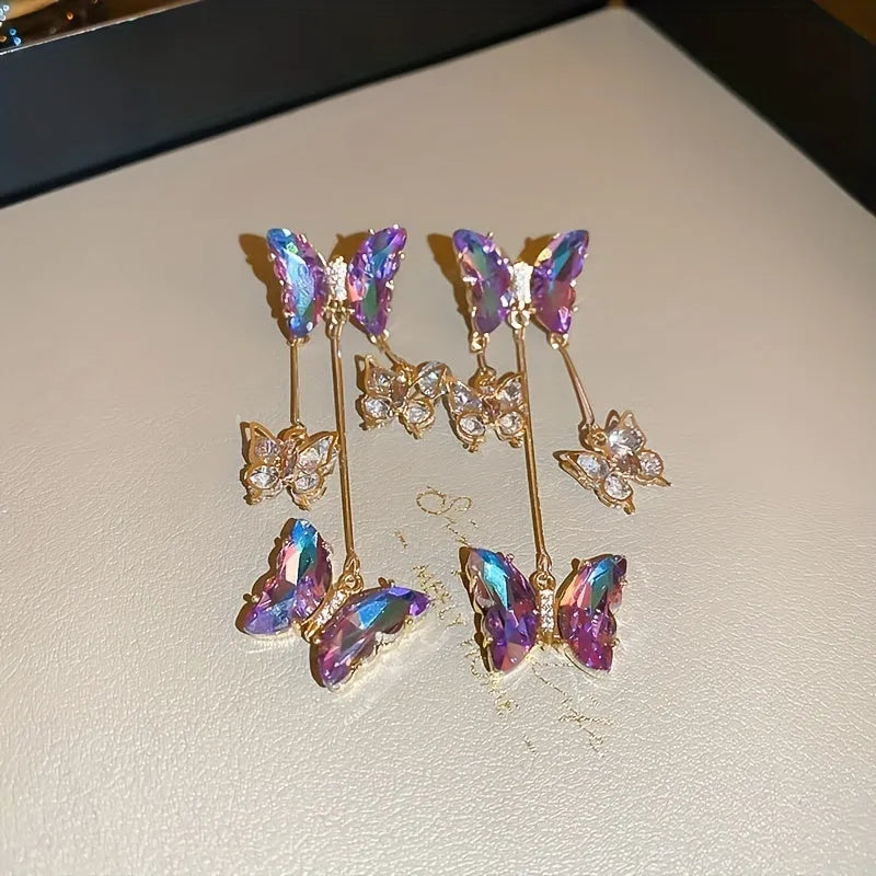 Silver needle blue purple butterfly tassel earrings with crystal flowers on alloy electroplated drop earrings